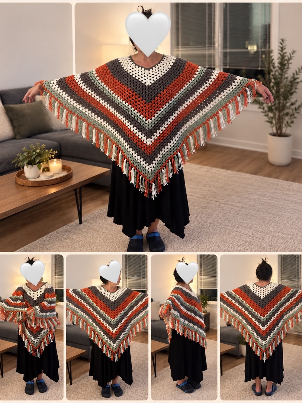 Handmade Crochet Striped Fringe Poncho
